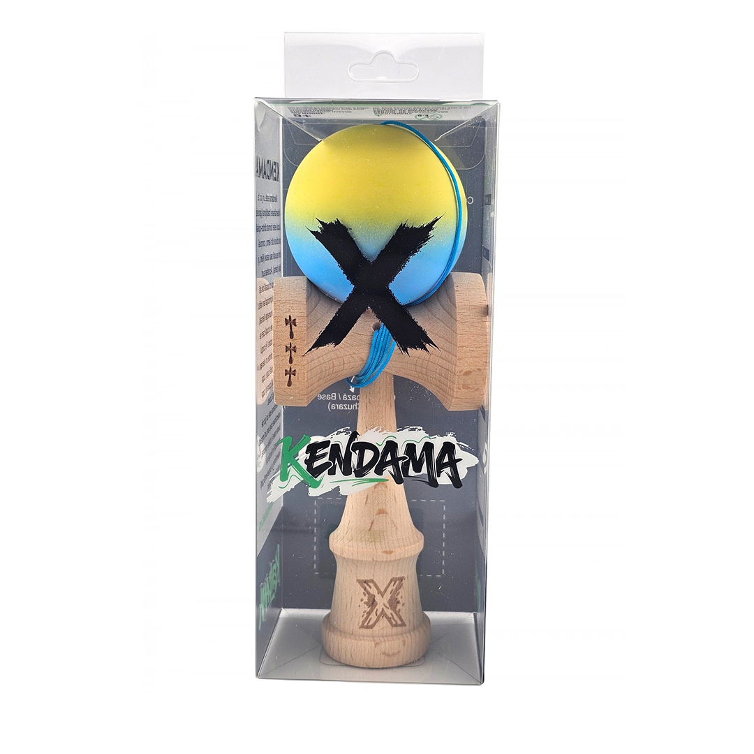 Kendama X Originala - Cupe Mari - Profesionala - Rubber Grip - Jucarie Interactiva din Lemn, 18 cm, Joc de Indemanare pentru Copii si Adulti, Model Galben-Albastru in Degrade