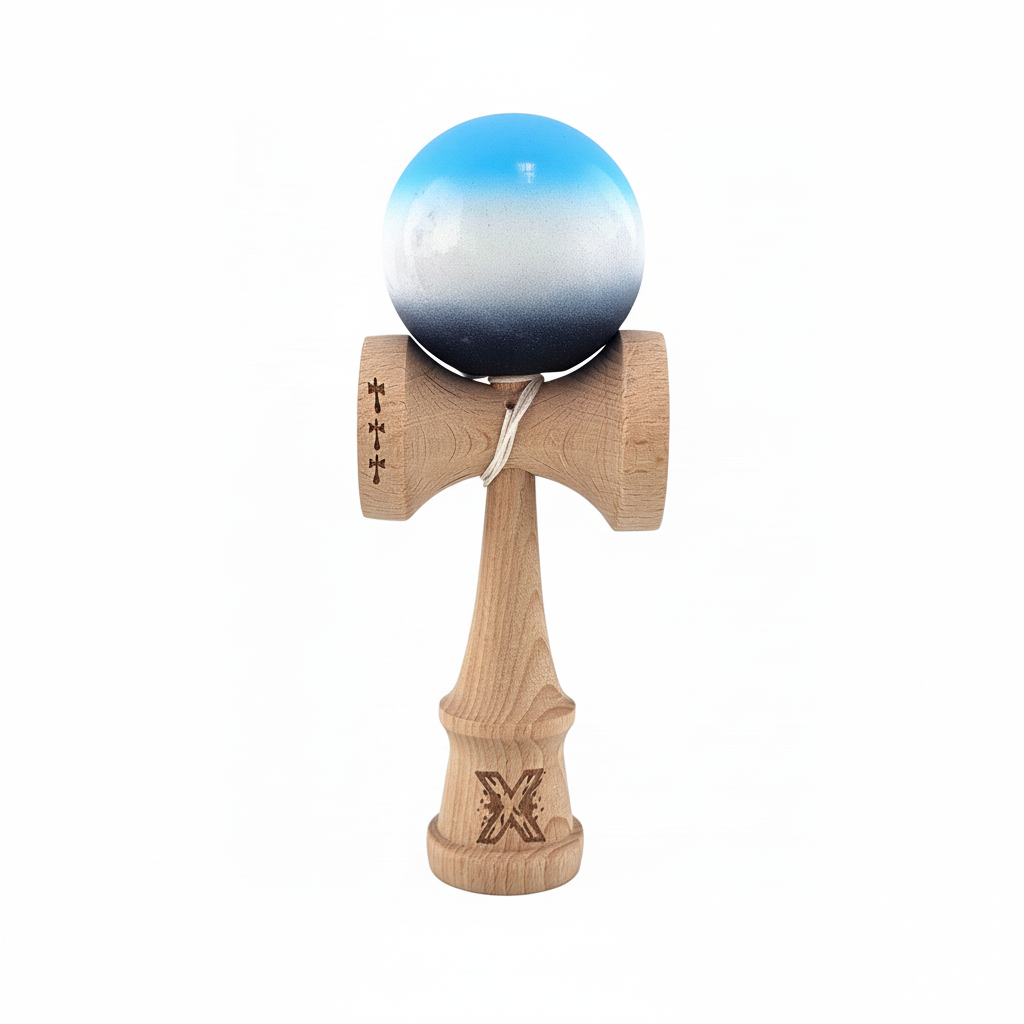 Kendama X Originala - Cupe Mari - Profesionala - Rubber Grip - Jucarie Interactiva din Lemn, 18 cm, Joc de Indemanare pentru Copii si Adulti, Model Albastru-Alb-Violet in Degrade