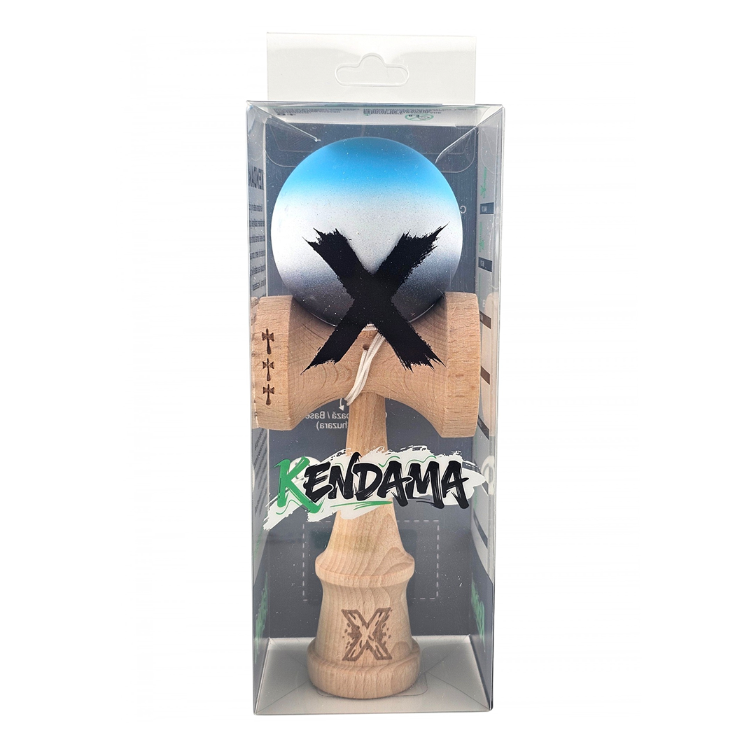 Kendama X Originala - Cupe Mari - Profesionala - Rubber Grip - Jucarie Interactiva din Lemn, 18 cm, Joc de Indemanare pentru Copii si Adulti, Model Albastru-Alb-Violet in Degrade