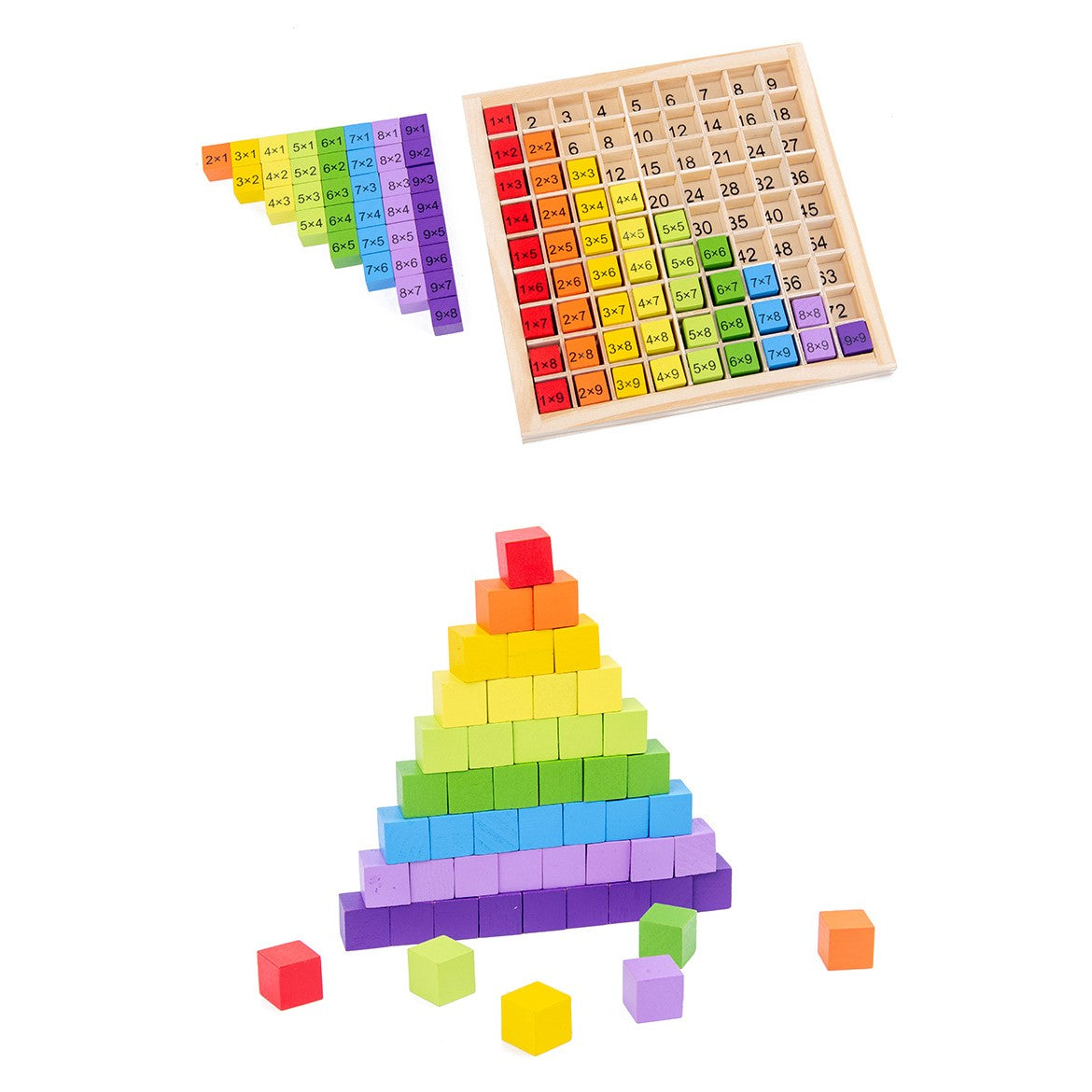 Tabla Inmultirii din Lemn Montessori, Berbis, Blocuri, Tabel de Multiplicare pana la 9x9, Multicolor, 18x18x1.5 cm
