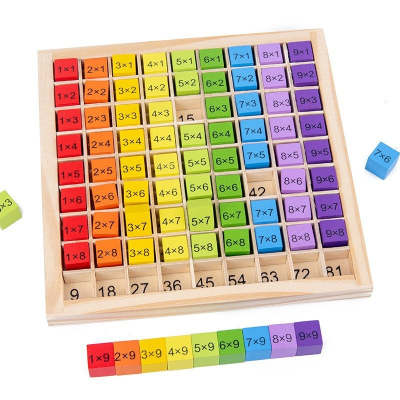 Tabla Inmultirii din Lemn Montessori, Berbis, Blocuri, Tabel de Multiplicare pana la 9x9, Multicolor, 18x18x1.5 cm