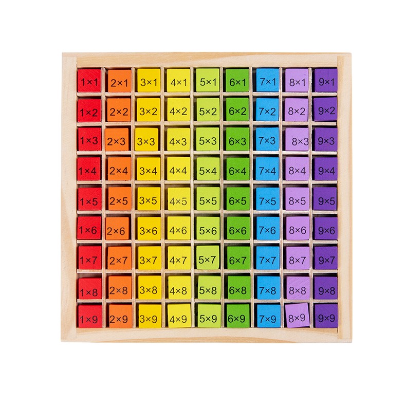 Tabla Inmultirii din Lemn Montessori, Berbis, Blocuri, Tabel de Multiplicare pana la 9x9, Multicolor, 18x18x1.5 cm