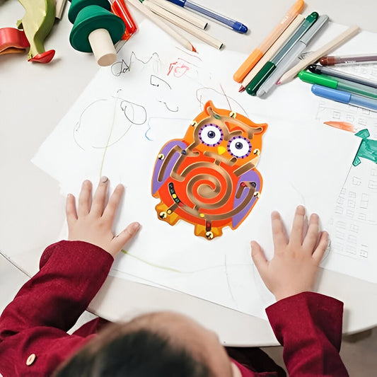 Joc cu Bile din Lemn tip Montessori, Berbis, Model Bufnita, Creion Magnetic, Tip Labirint, din Lemn, 18.5x17.5 cm, Portocaliu-Mov