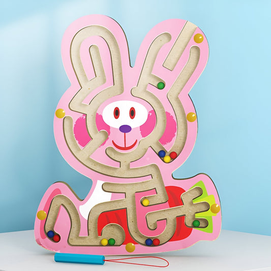 Joc cu Bile din Lemn tip Montessori, Berbis, Model Iepuras, Creion Magnetic, Tip Labirint, din Lemn, 19.5x15.5 cm, Roz