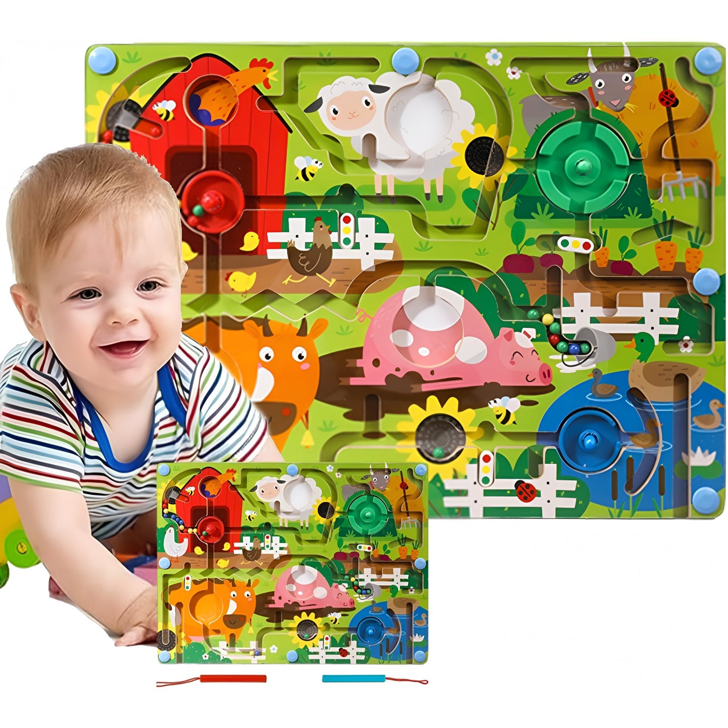 Joc de Sortare Culori din Lemn Montessori, Berbis, Model Ferma, Creion Magnetic, Tip Labirint Ilustrat, 39x29x1.5 cm