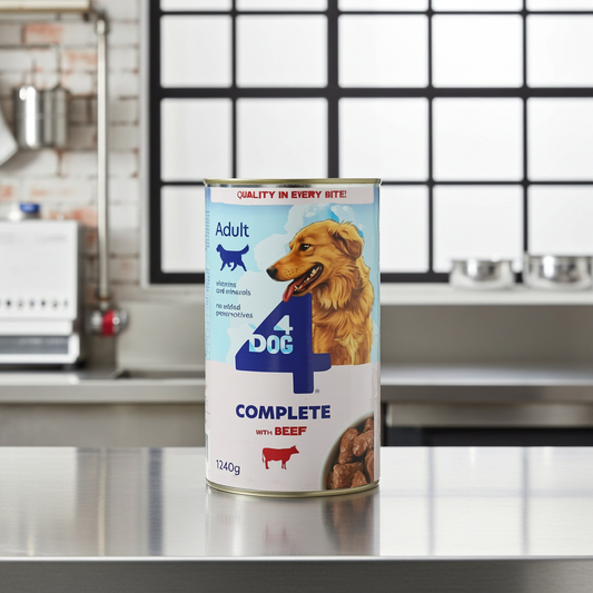 4DOG Hrană Umedă pentru Câini Adulți, Conservă cu Carne de Vită, Rețetă Sănătoasă, 1240 g