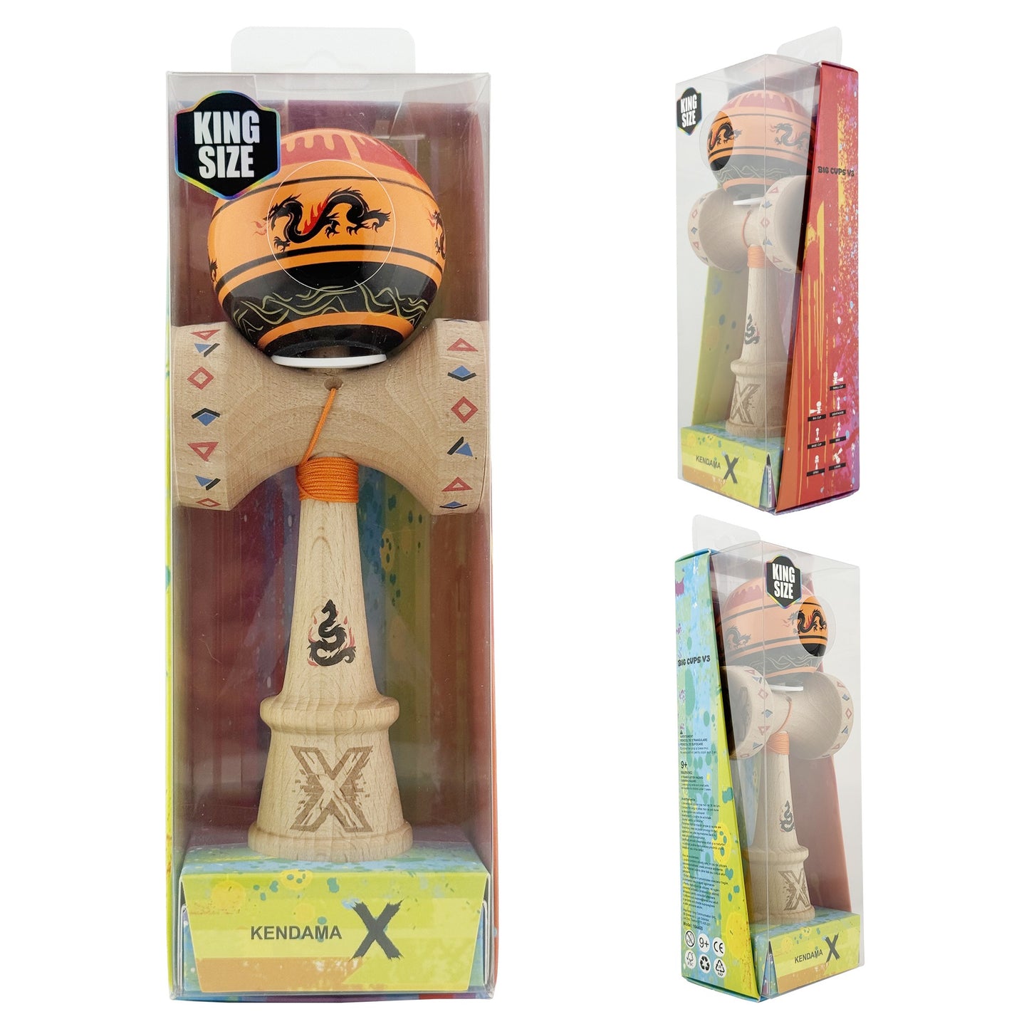 Kendama X Dragon Originala, Model V3 Portocaliu/Negru, Profesionala, Cupe Mari King Size, Super Sticky, Gaura in Baza, Rulment, Ata 62cm