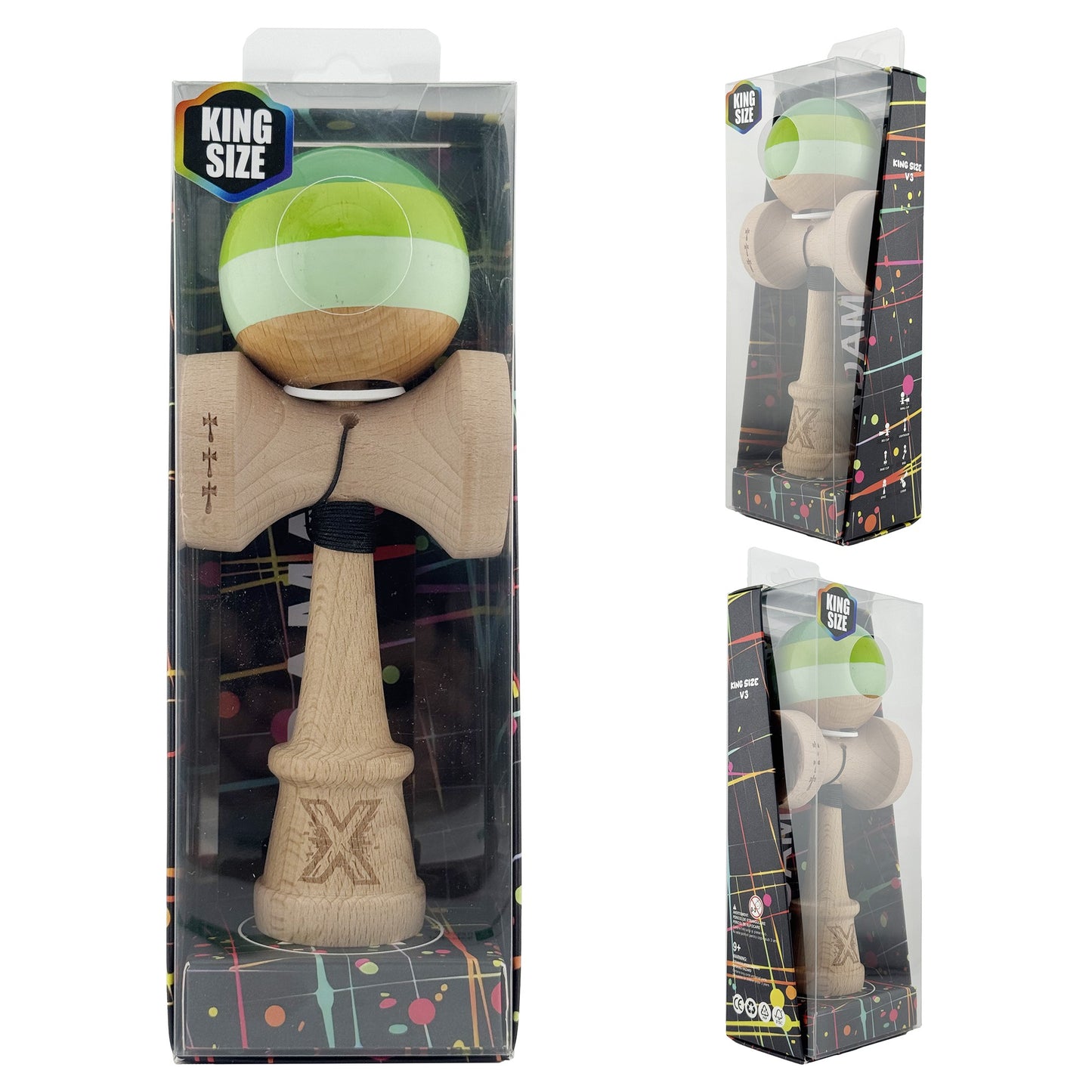 Kendama X Originala, Model V3 Verde, Profesionala, Cupe Mari King Size, Super Sticky, Gaura in Baza, Rulment, Ata 62cm