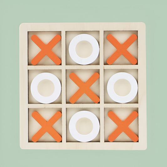 Jucarie din lemn Tic Tac Toe tip Montessori, Berbis, Educativa, Interactiva, X si O, 9 Piese, 14.3x14.3 cm, Portocaliu Alb