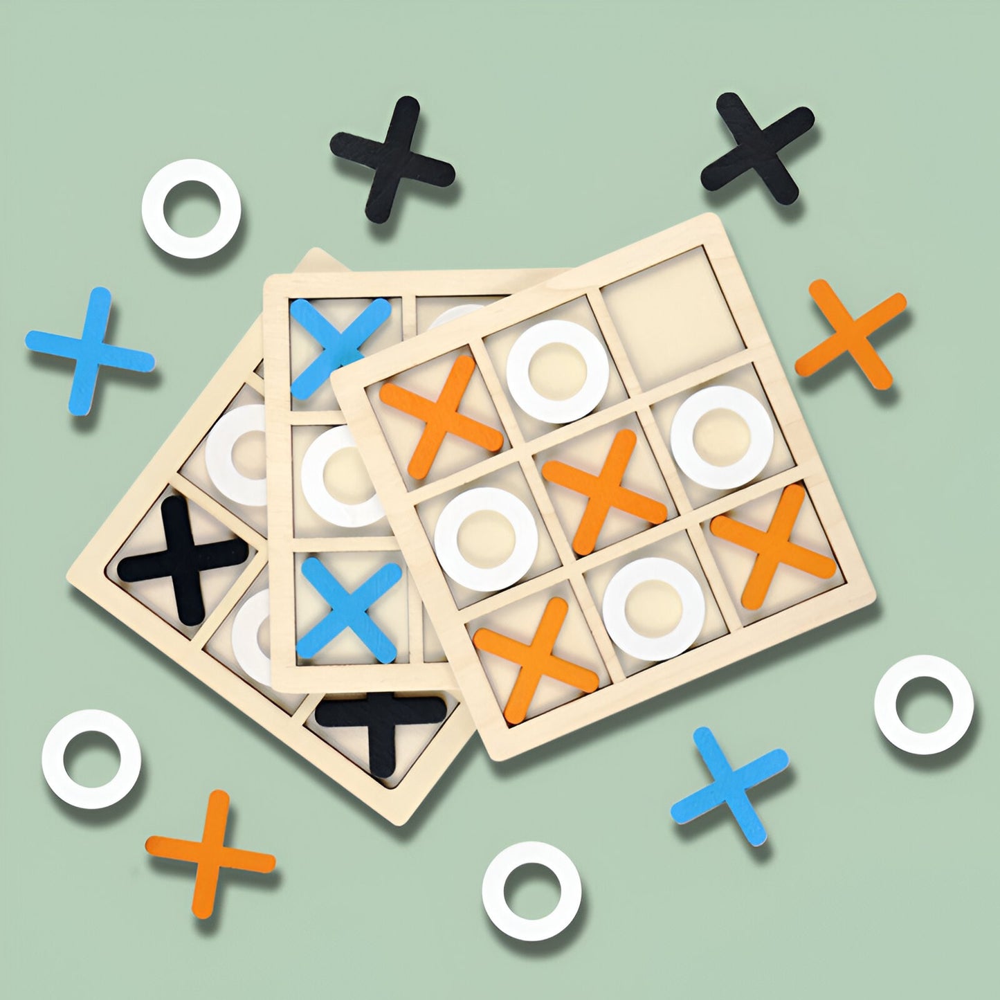 Jucarie din lemn Tic Tac Toe tip Montessori, Berbis, Educativa, Interactiva, X si O, 9 Piese, 14.3x14.3 cm, Portocaliu Alb