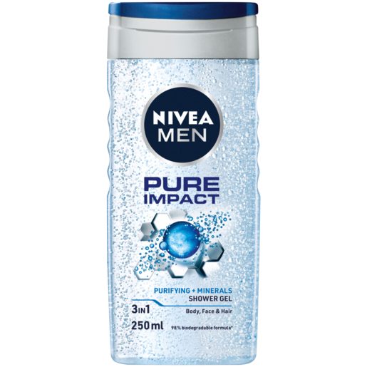 Nivea Men Pure Impact, Gel de Dus cu Particule Micro-Fine de Curatare, Hidratant, Corp, Fata si Par, 250 ml
