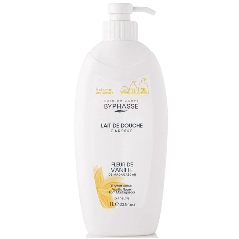 Byphasse Gel de Duș Cremă, Formulă Hidratantă cu Extract de Vanilie, PH Neutru, Recipient cu Pompiță, 1 L