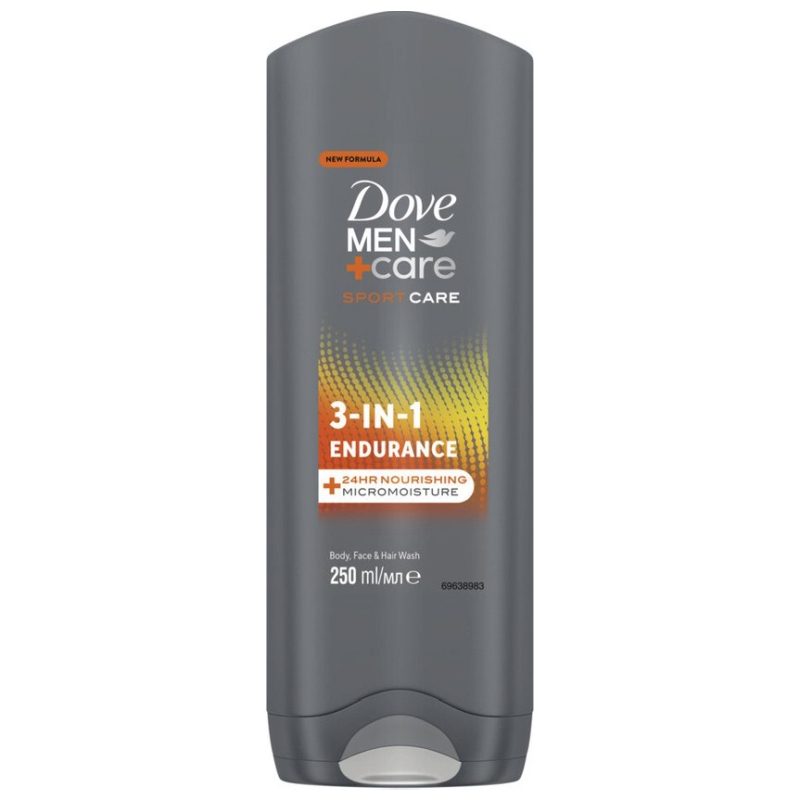Gel de Dus Dove Men+Care 3in1 Endurance, Gel Curatare pentru Fata, Corp si Par, Tehnologie MicroMoisture, 250 ml