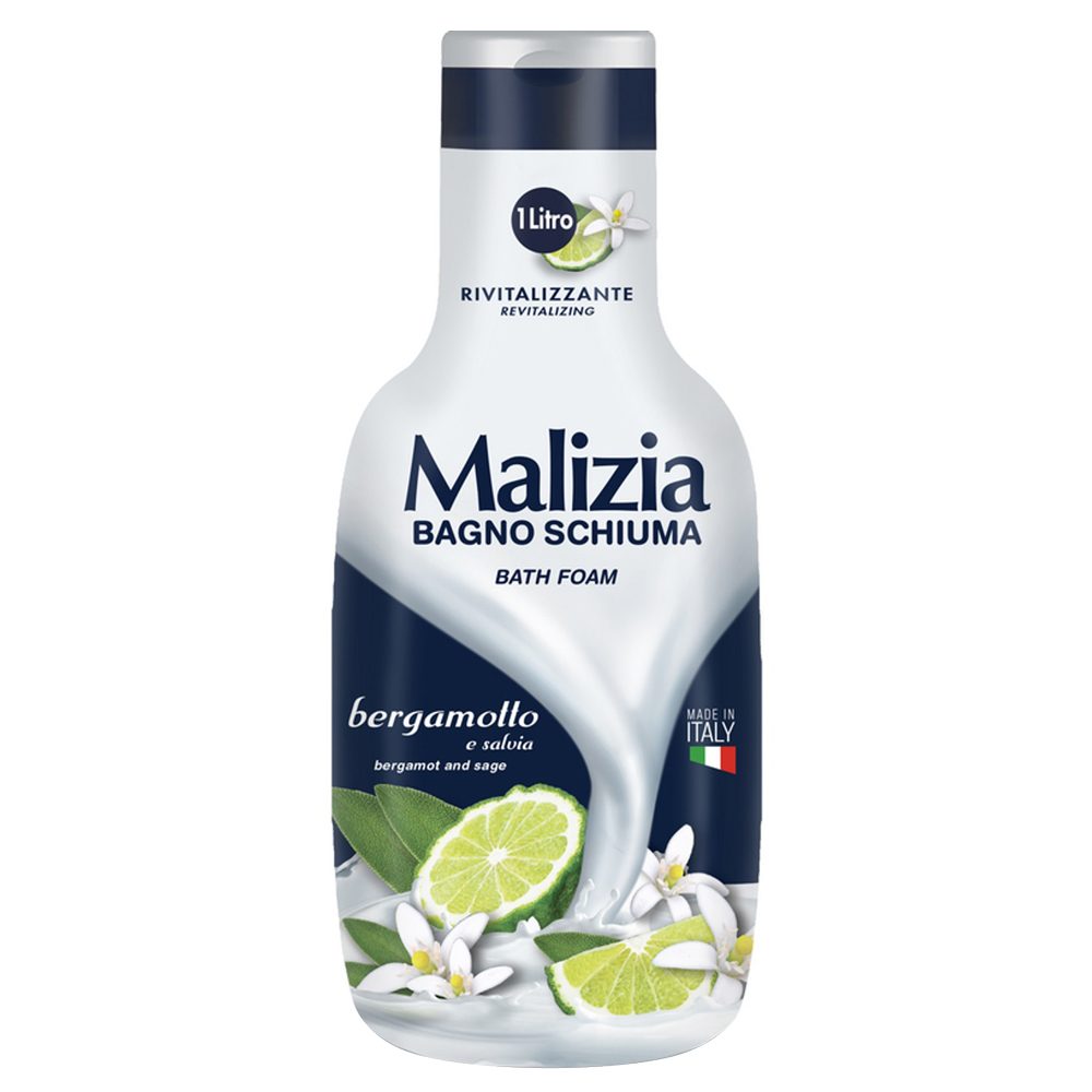 Malizia Spumant de Baie Relaxant, Gel de Dus cu Bergamota si Salvie, Formula Delicata, Recipient 1 L