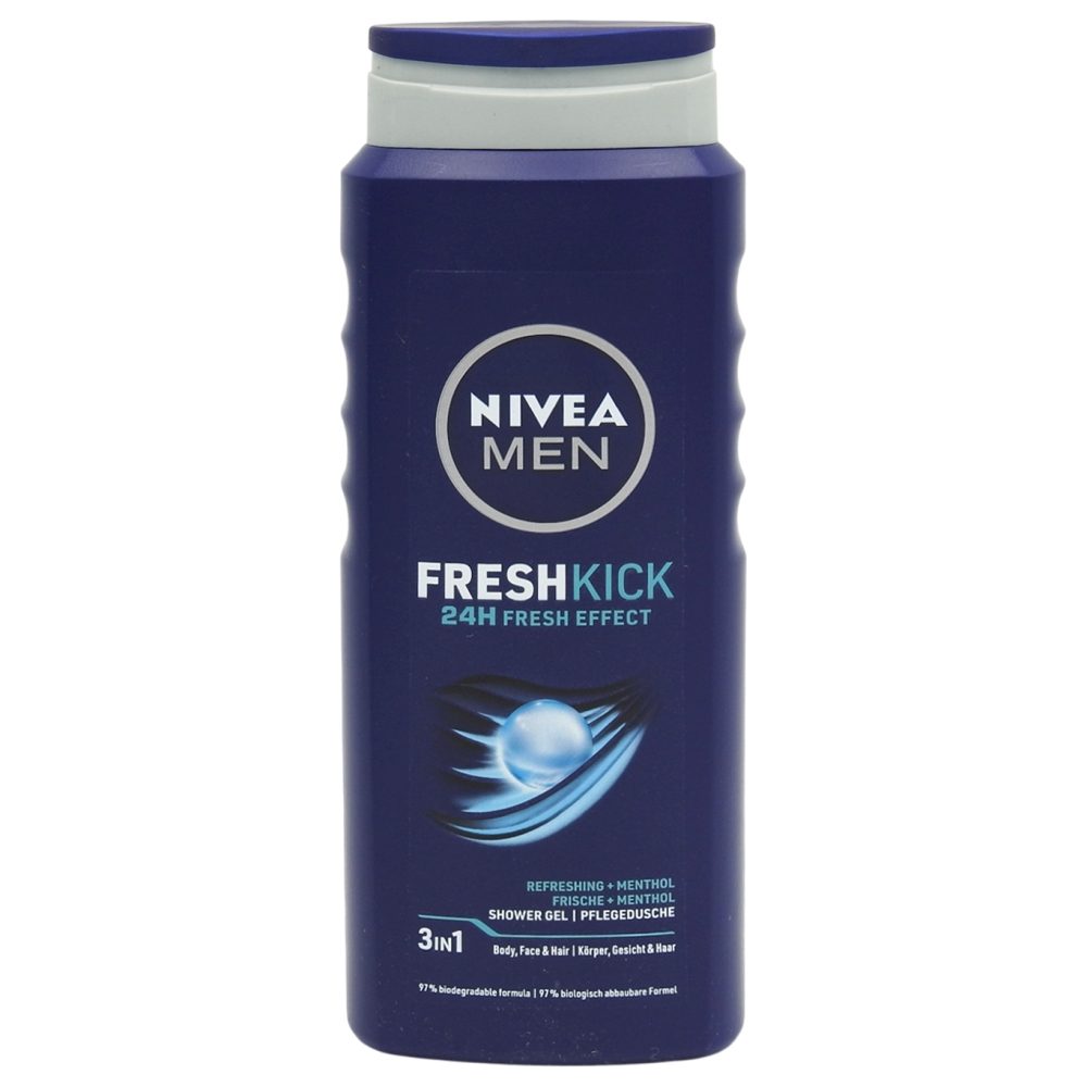 Nivea Men Cool Kick, Gel De Dus Pentru Barbati, Efect Racoritor, Formula 3 In 1 Corp, Fata Si Par, 500 ml