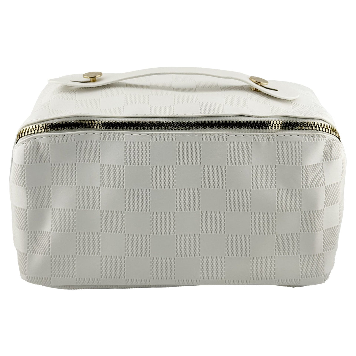 Geanta de Voiaj pentru Cosmetice, Organizator Impermeabil cu 4 Compartimente si Fermoar, Piele Ecologica, 22 x 13 x 12.5 cm, Model Carouri, Alb