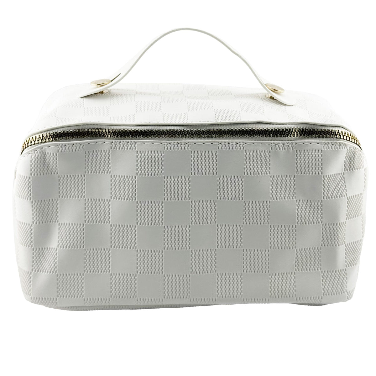 Geanta de Voiaj pentru Cosmetice, Organizator Impermeabil cu 4 Compartimente si Fermoar, Piele Ecologica, 22 x 13 x 12.5 cm, Model Carouri, Alb