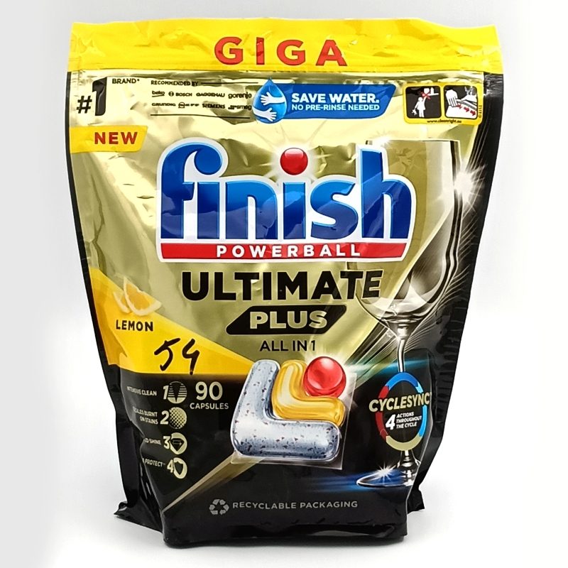 Finish Ultimate Plus All In 1, Detergent Capsule Pentru Masina De Spalat Vase, Tehnologie Cyclesync, Parfum Lamaie, 90 Bucati