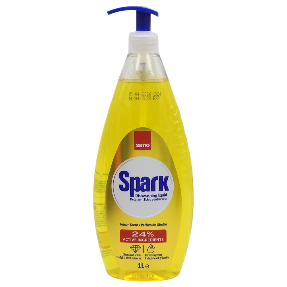 Sano Spark Detergent Lichid Pentru Vase, Putere Mare De Degresare, Parfum De Lamaie, Recipient Cu Pompa, 1 L