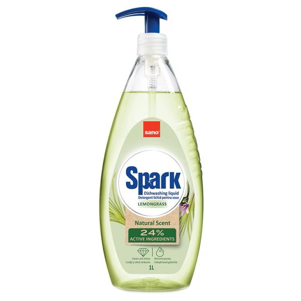 Sano Detergent Lichid Pentru Vase, Spark Lemongrass, Igienizează și Degresează, Formula Concentrată, 1 L