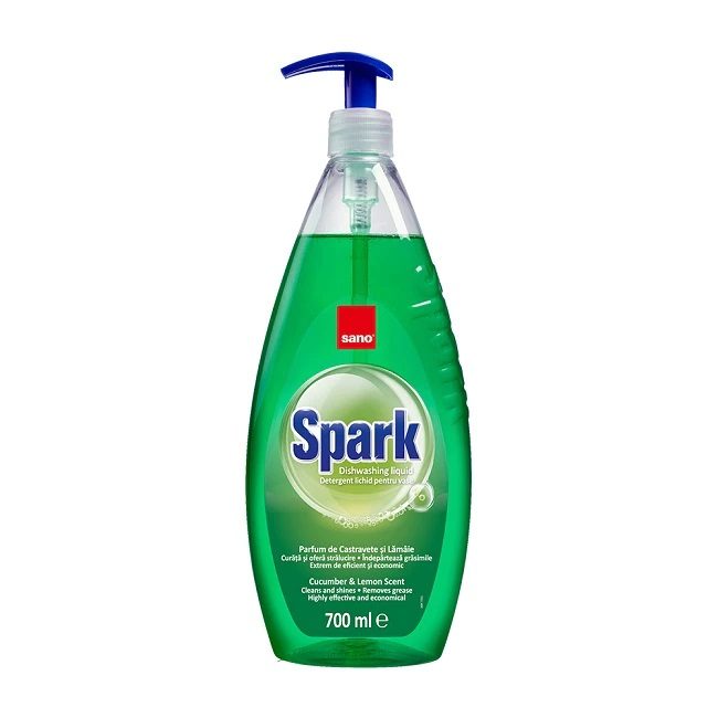 Sano Spark Detergent Lichid pentru Vase, Parfum de Castravete, Formula Concentrata, Recipient cu Pompa, 700 ml