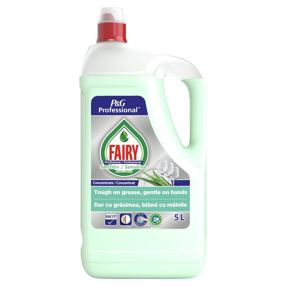 Detergent Lichid Pentru Vase Fairy Sensitive, Formula Delicata Cu Mainile, Indepartare Eficienta A Grasimii, Bidon 5 L