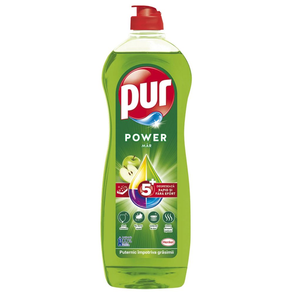 Pur Detergent Lichid pentru Vase, Putere Degresantă, Parfum de Mere, Flacon 750 ml