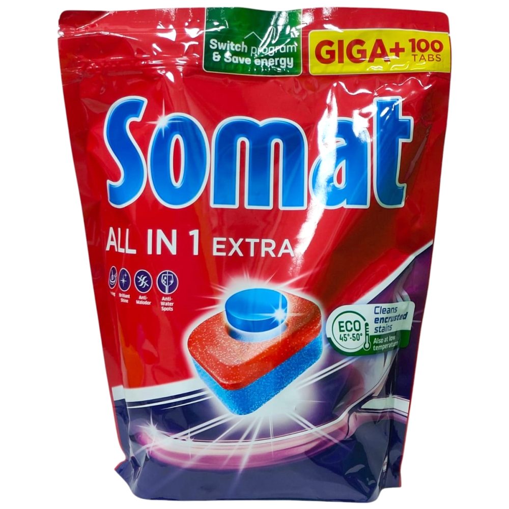 Somat Detergent Vase Tablete All in 1 Extra, Curatare Profunda cu Tehnologie Anti-Grasime, Formula Activa, 100 Bucati