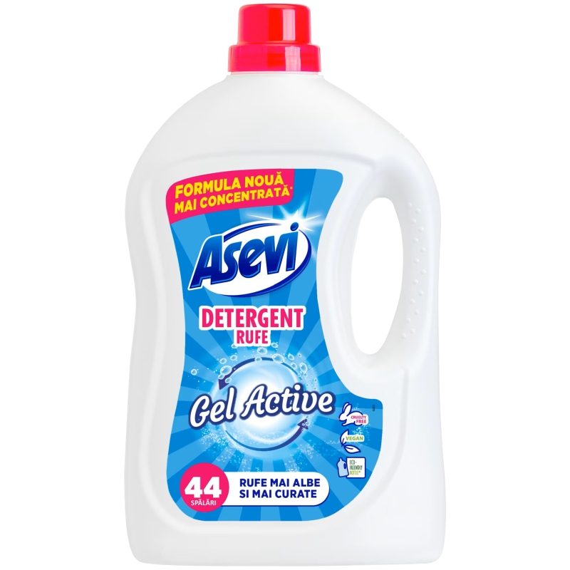Detergent Lichid Asevi Gel Activ, Formula Concentrata Rufe Albe si Colorate, 44 Spalari, 2.376 L