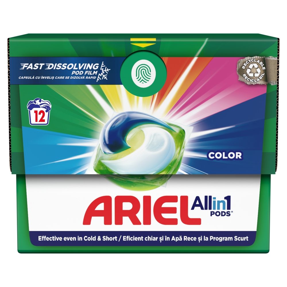 Ariel Detergent Capsule All In 1 Pods Color, Curățare Profundă și Protecția Culorilor, Tehnologie Extra Clean, 12 Bucăți