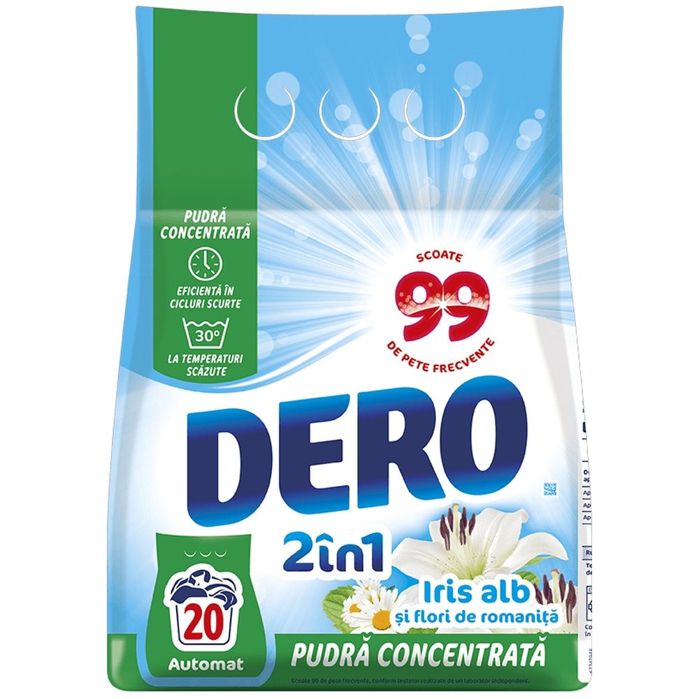 Dero Automat 2in1 Detergent Pudră, Parfum de Iris Alb și Frezie, 15 Spălări, 1.5 kg