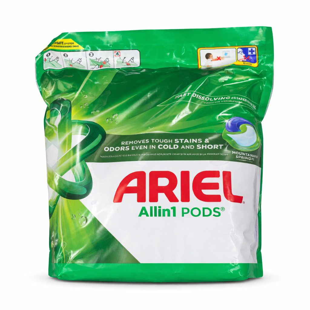 Ariel Detergent Capsule Rufe Pods All In 1, Formula Mountain Spring, Curățare Profundă și Protecție Culori, 65 Bucăți