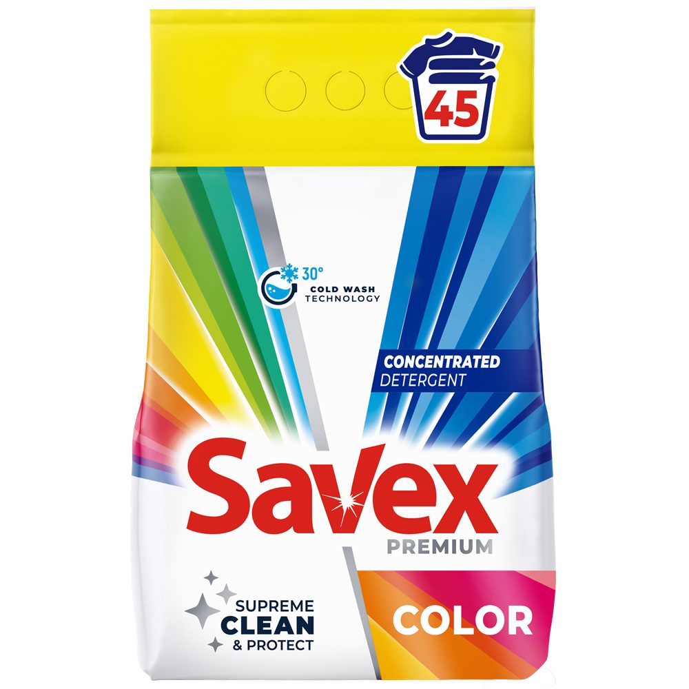 Detergent Pudră pentru Rufe Savex Color, Formulă Automat, Curățare Intensă, 3.6 kg, 45 Spălări