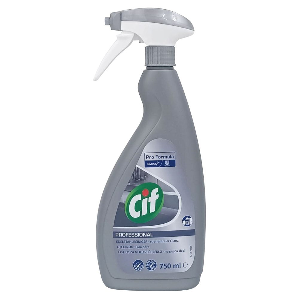 Cif Professional, Spray Curatare Inox si Otel Inoxidabil, Solutie Degresanta fara Urme, Recipient cu Pulverizator, 750 ml