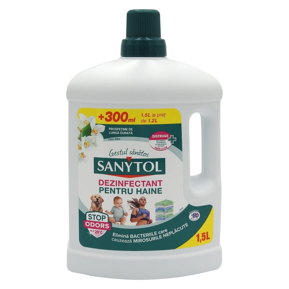 Sanytol Dezinfectant Haine, Lichid Distrugere Bacterii și Mirosuri, Fără Clor, Toate Tipurile de Materiale, 1.5 L