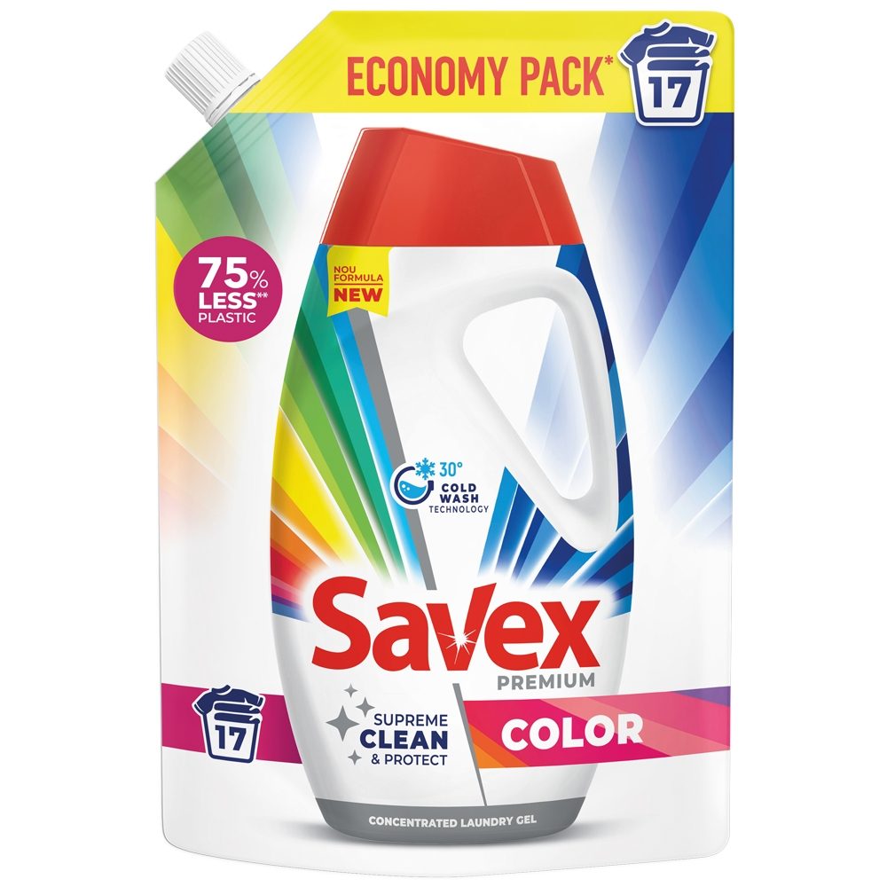 Savex Color Detergent Lichid Pentru Rufe, Tehnologie De Curatare In Profunzime, Format Gel, 765 ml, 17 Spalari
