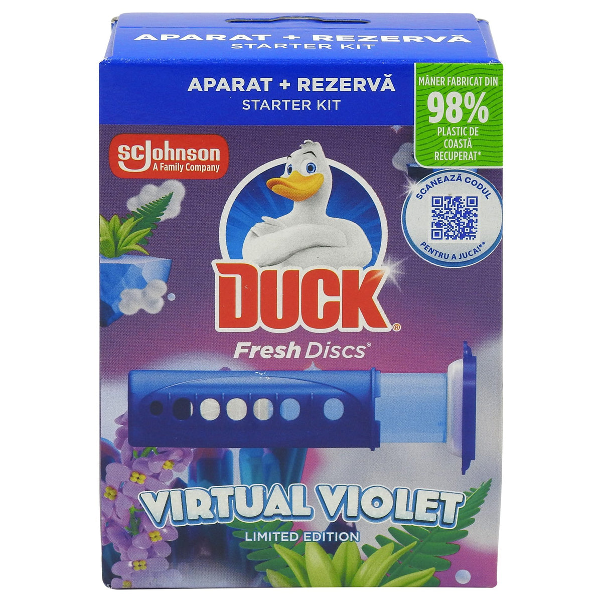 Duck Fresh Discs Aparat Curatare WC, Tehnologie Discuri cu Gel Anti-Calcar, Parfum Virtual Violet, 36 ml