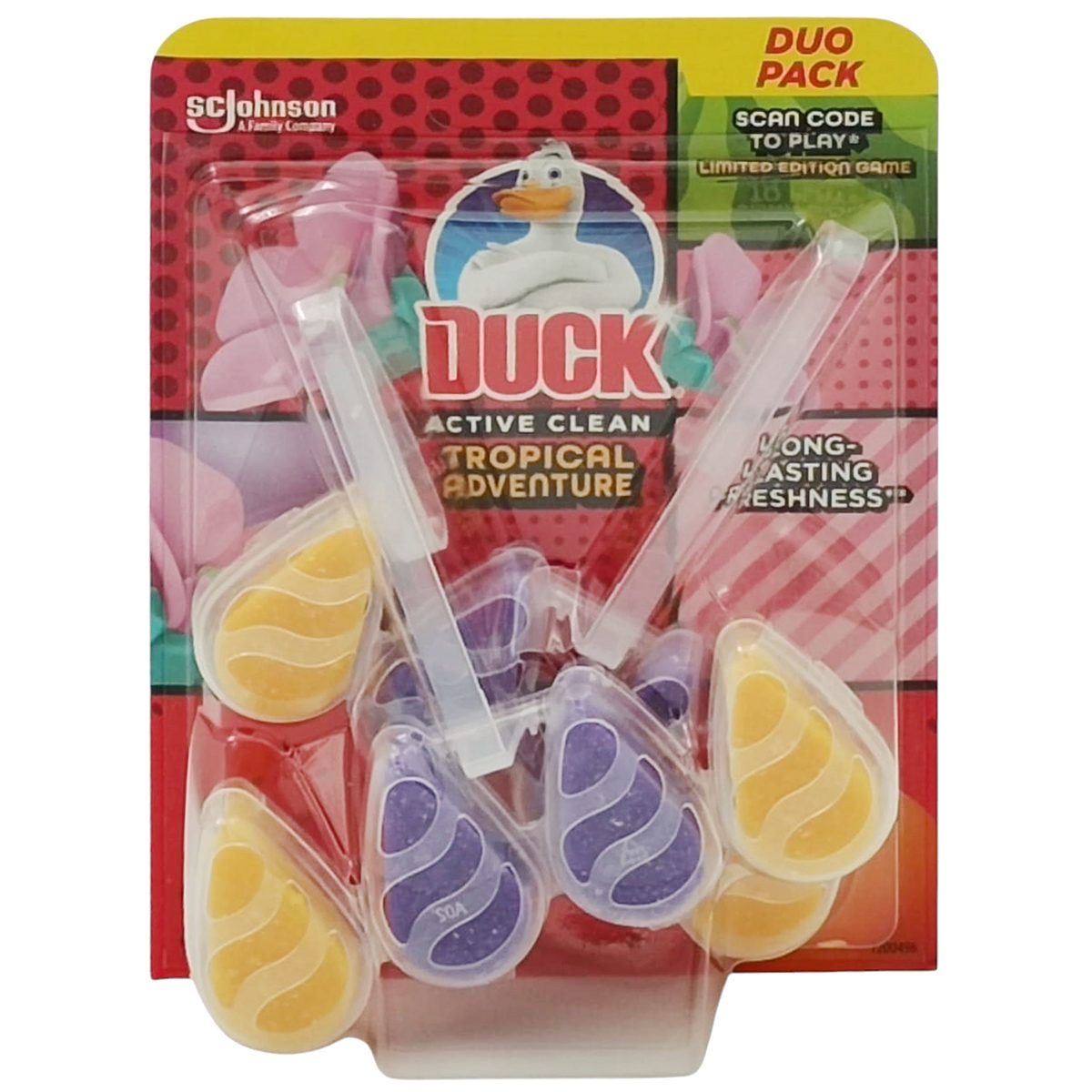 Odorizant WC Duck Fresh Discs, Aplicator cu Gel Igienizant, Parfum Tropical Adventure, 2 x 38.6 g, 12 Discuri