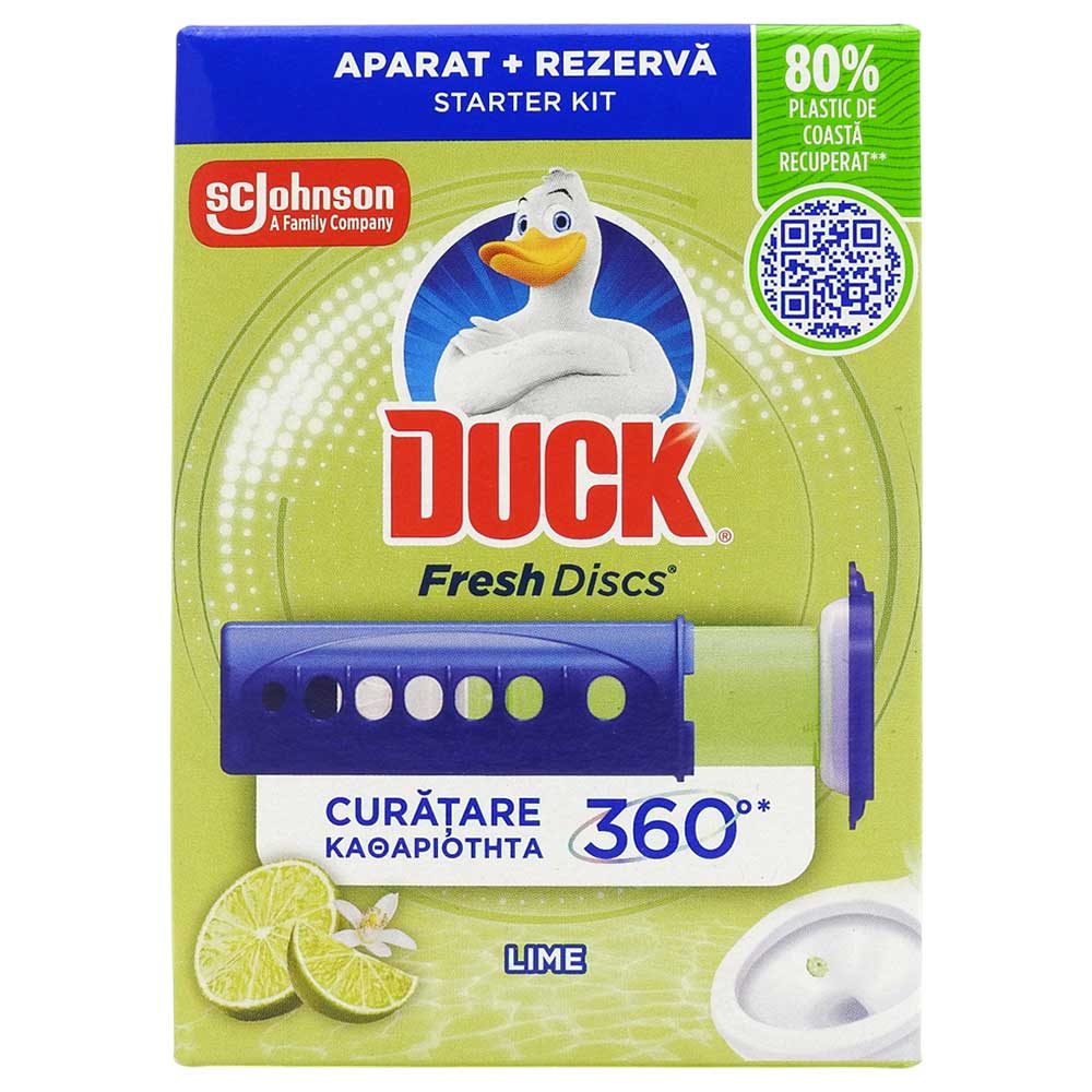 Aparat Odorizant WC Duck Fresh Discs, Aplicator Cu Gel, Parfum Lime, 6 Discuri, 36 ml