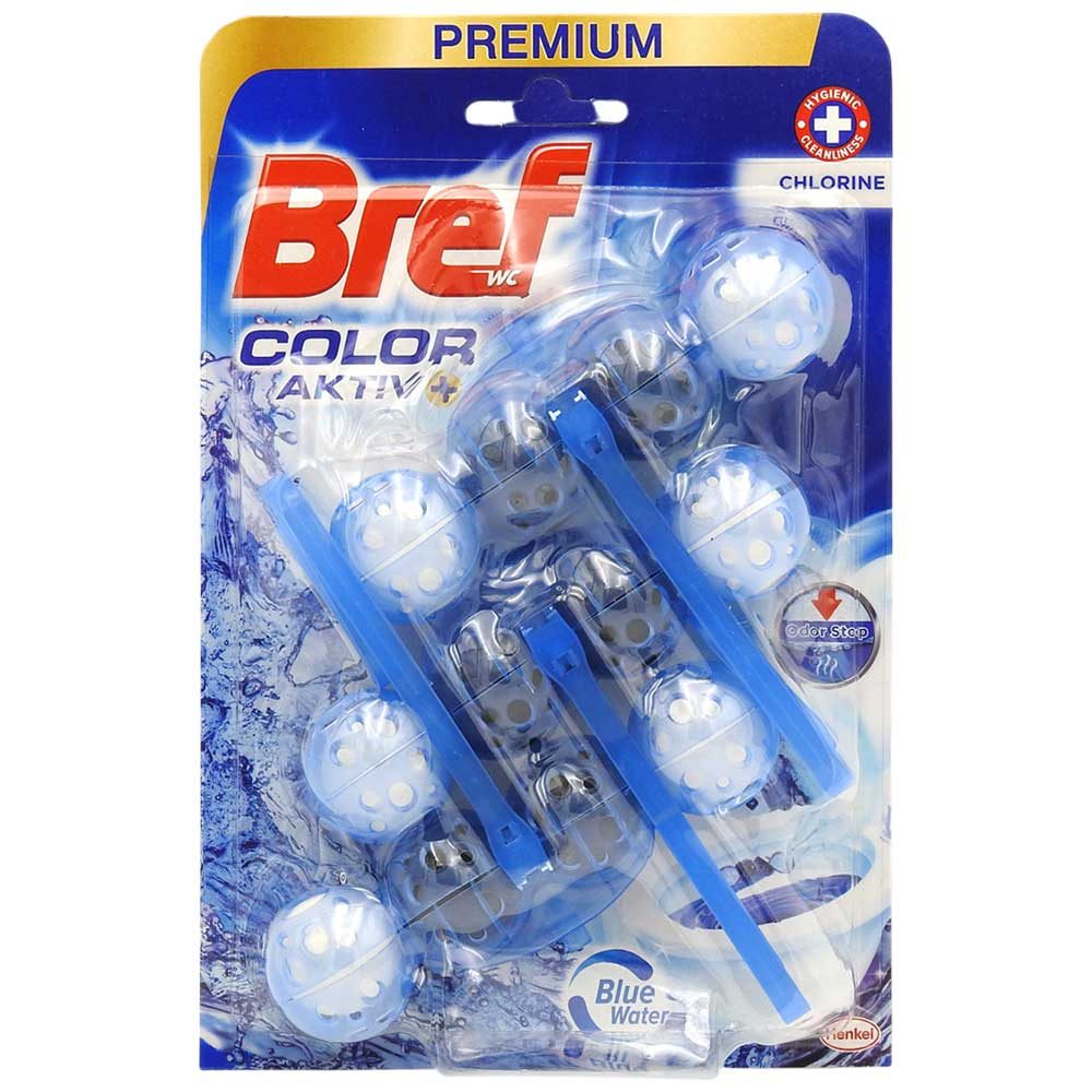 Odorizant WC Bref, Bile Color Aktiv, Formula Chlorine Blue, Curatare Activa cu Efect de Albastrire, 3 x 50 g