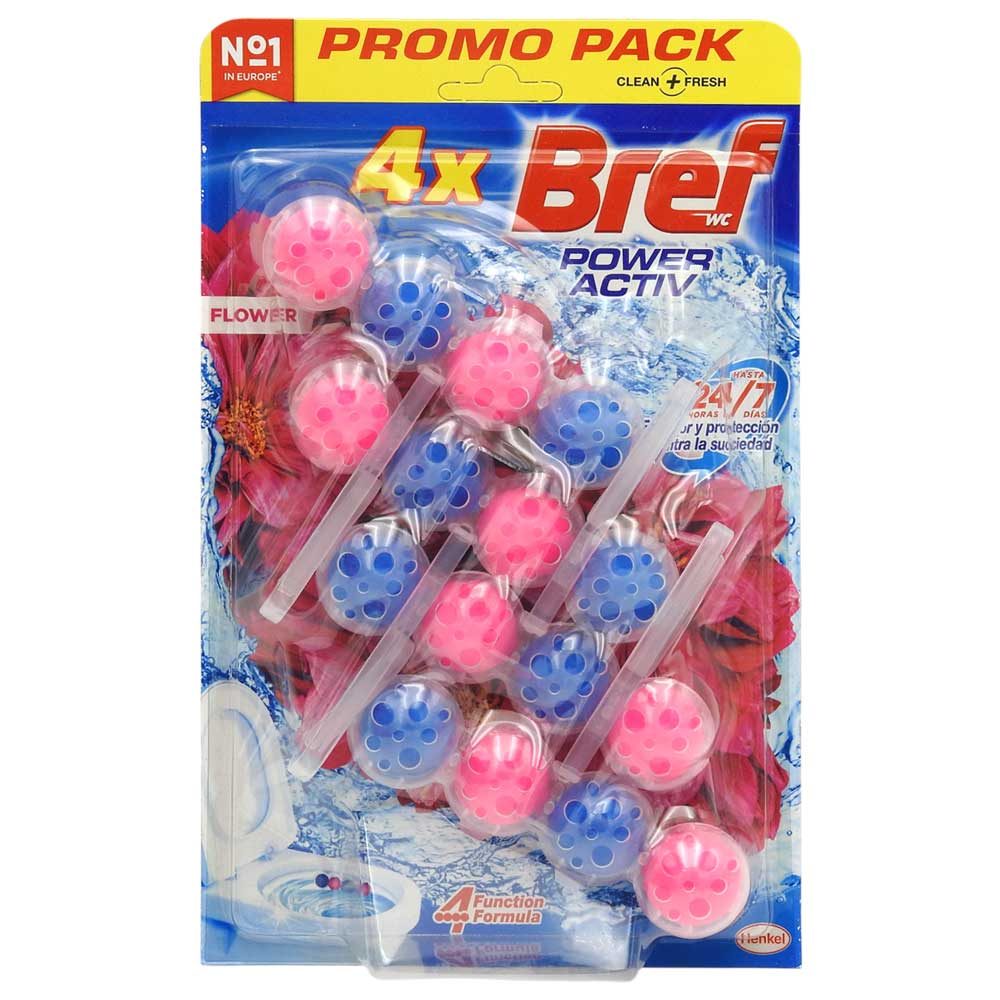 Bref Power Aktiv Odorizant Pentru Vasul De Toaleta, Formula Cu 4 Functii, Efect De Improspatare Si Curatare, Parfum Floral, 4 x 50 g