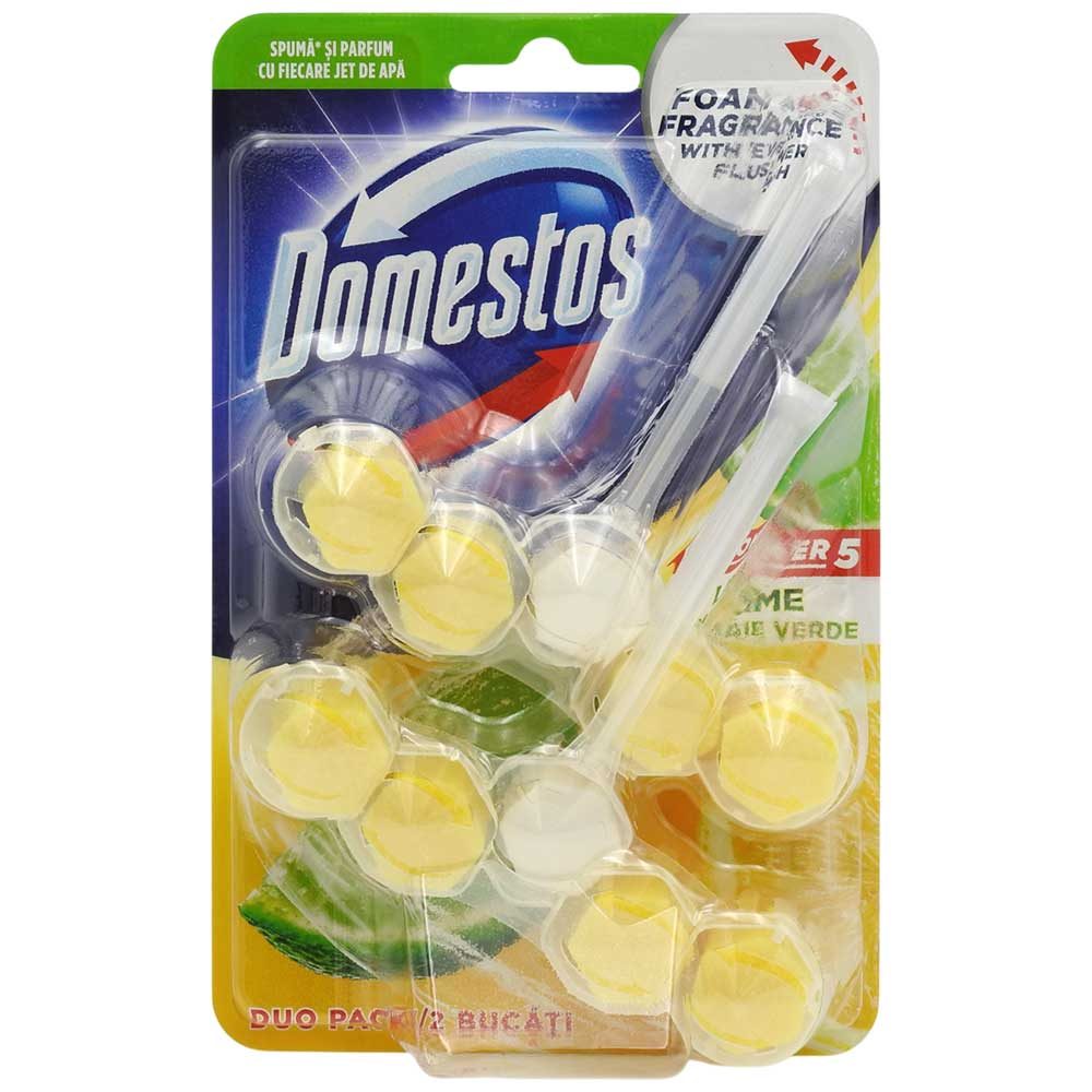 Domestos Power 5 Odorizant WC, Bile Igienizante cu Efect de Prospețime, Parfum Lime, 2 x 55 g