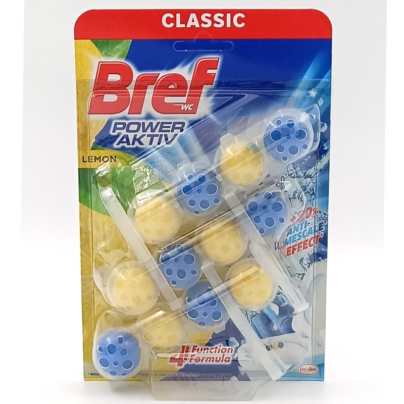 Bref Power Aktiv Odorizant WC, Bile Igienizante cu Efect de Prospețime, Parfum de Lămâie, 3 x 50 g