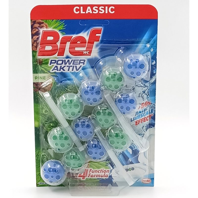 Bref Odorizant WC Power Aktiv, Bile Curățare și Igienizare, Aromă Pin, 3 x 50 g