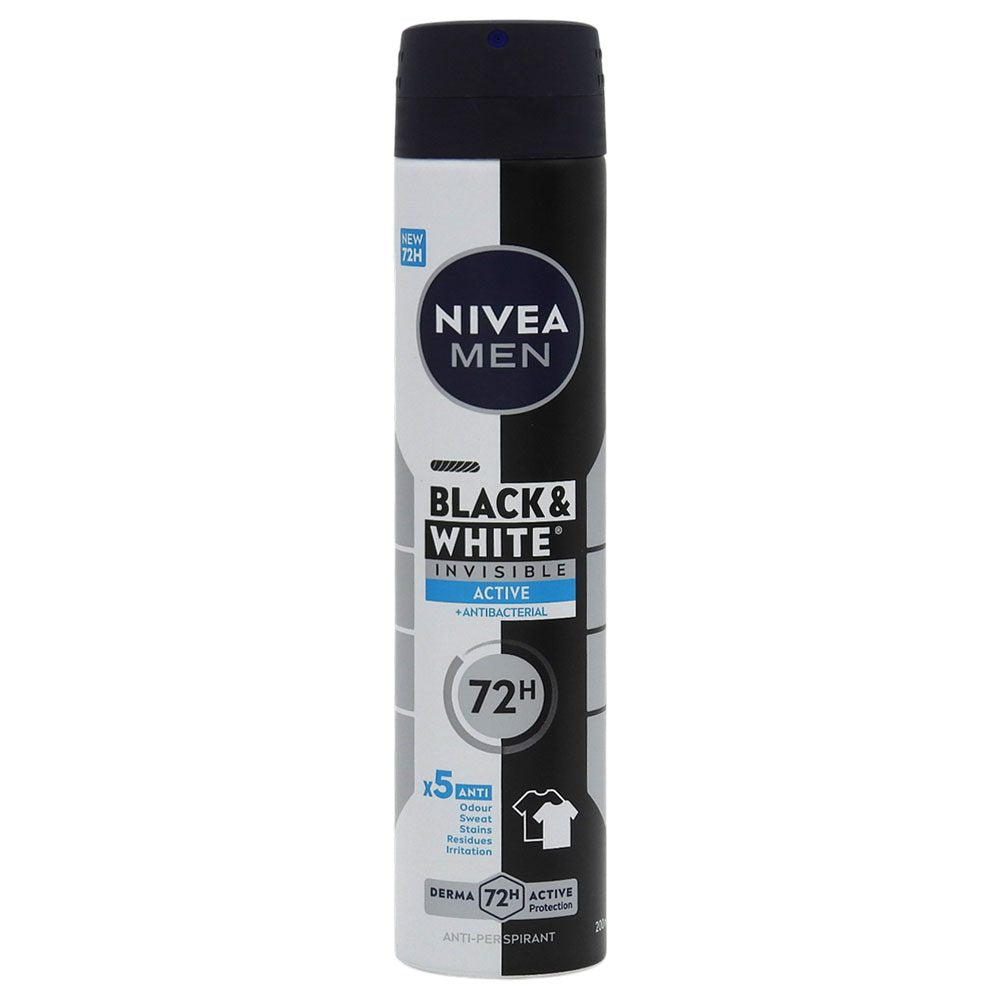 Nivea Men Antiperspirant Deodorant Invisible for Black & White Active, Protectie 48h, Anti-Pete, Spray 200 ml