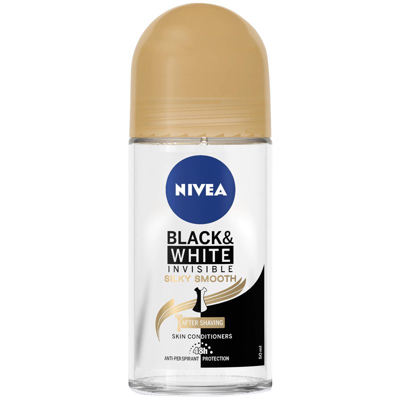 Nivea Antiperspirant Roll-On Invisible for Black and White Silky Smooth, Protectie 48h Impotriva Petelor, Formula Fara Alcool, 50 ml