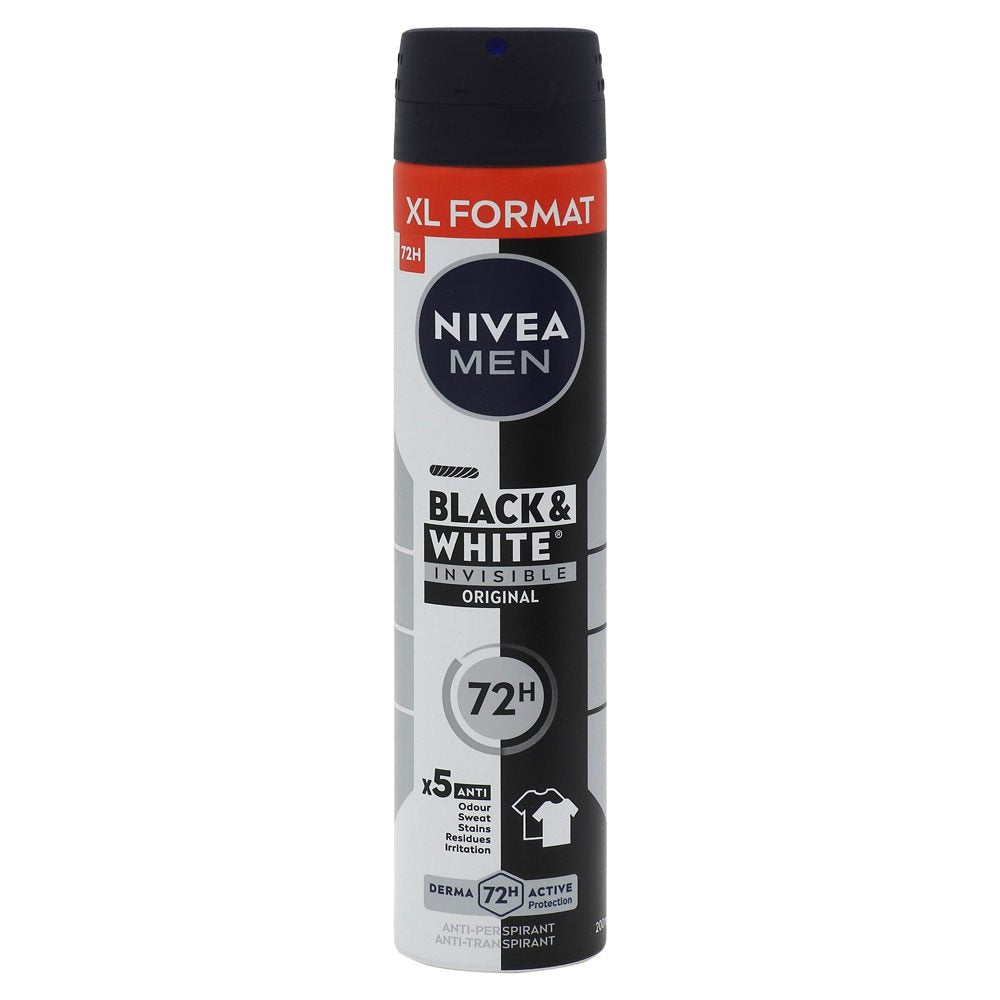 Nivea Men Invisible Black & White Original, Deodorant Antiperspirant Spray, Protectie 48h, Anti-Pete Albe si Galbene, 200 ml