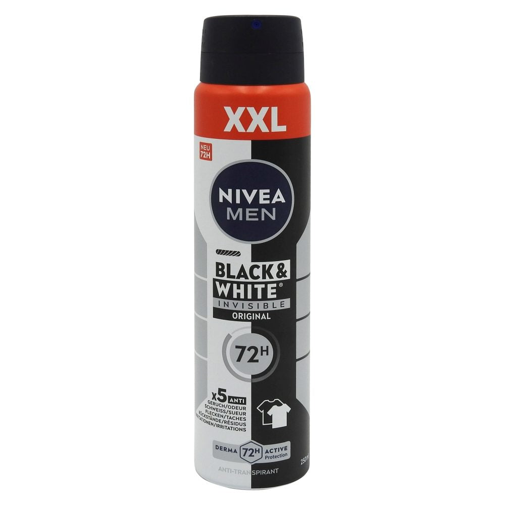 Nivea Men Invisible For Black & White Original, Deodorant Antiperspirant Spray, Protectie 48 Ore, Anti-Pete Albe si Galbene, 250 ml