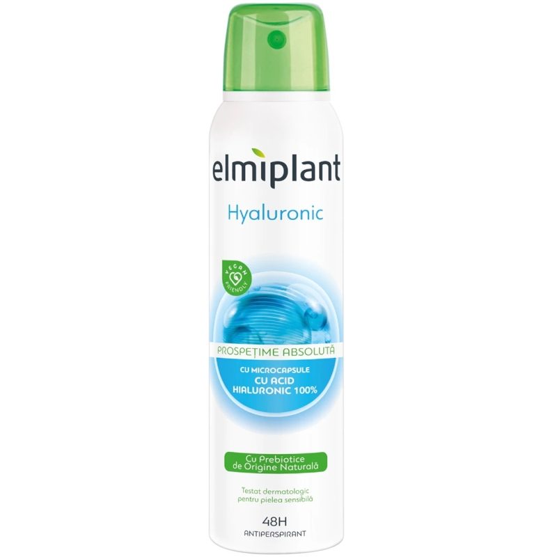 Elmiplant Deodorant Antiperspirant Spray, Protectie 24 Ore, Hidratare cu Acid Hialuronic, Formula Calmanata, 150 ml