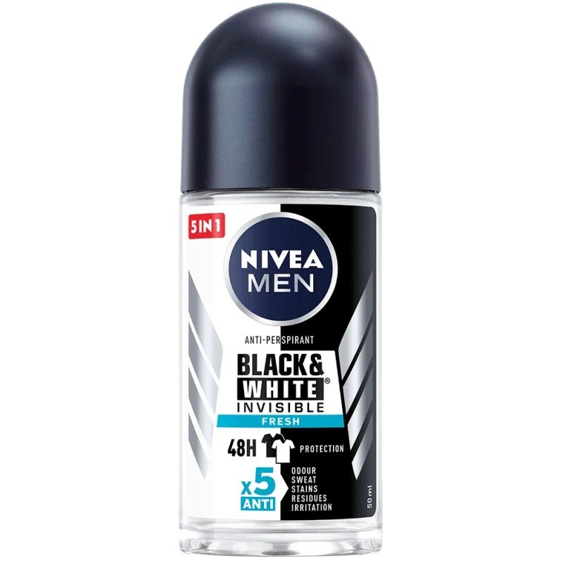 Nivea Antiperspirant Roll-On, Protecție Anti-Pete Invisible Black & White Fresh, 50 ml